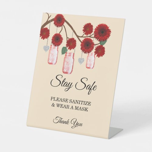 Rustic Red Flowers Mason Jar Wedding Safety Pedestal Sign