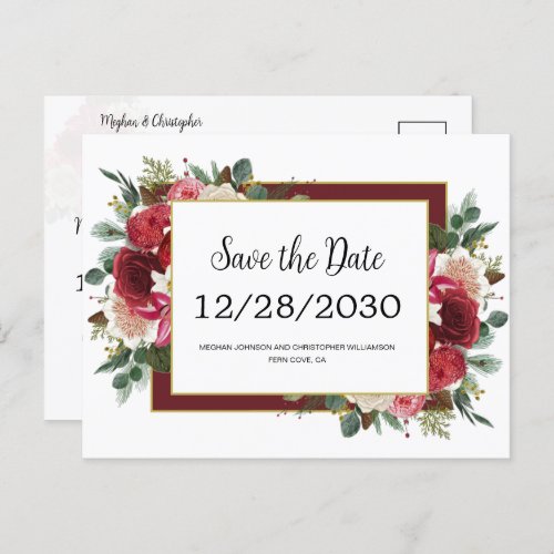 Rustic Red Flowers Winter Wedding Save the Date Announcement Postcard