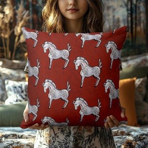 Rustic Red Folk Art Horse Cottagecore Holiday Throw Pillow