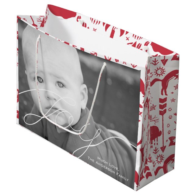 Rustic Red Fox Pattern Christmas Family Photos Large Gift Bag (Front Angled)