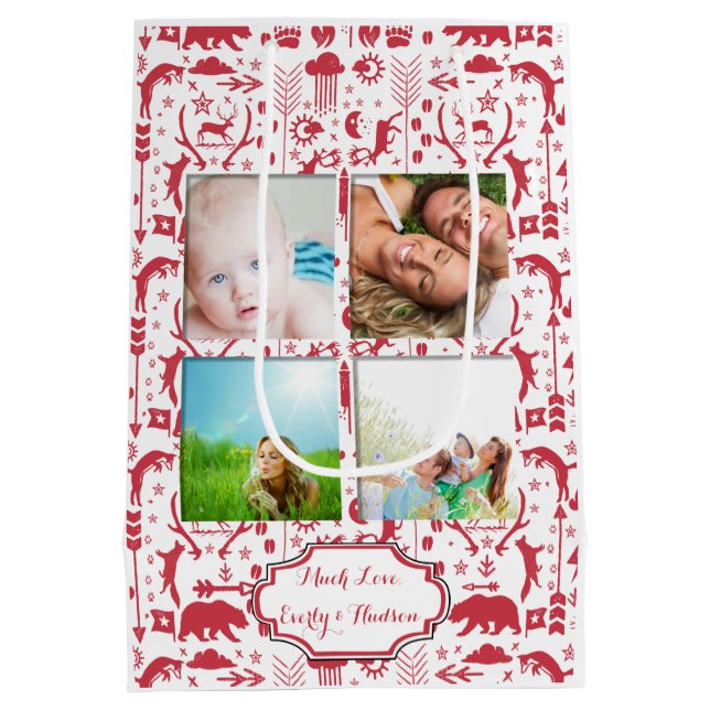 Rustic Red Fox Pattern Christmas Family Photos Medium Gift Bag (Back)