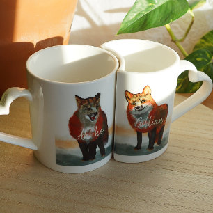 Rustic Red foxes, Personalized Couple's Names Coffee Mug Set
