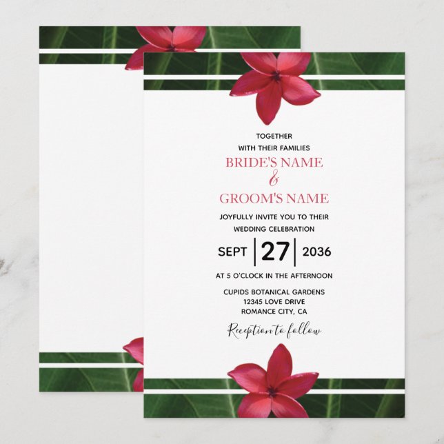 Rustic Red Frangipani Plumeria Wedding Invitations (Front/Back)