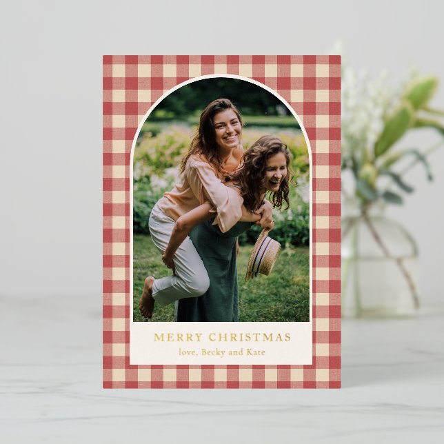 Rustic Red Gingham Arch Photo Modern Christmas Foil Holiday Card (Standing Front)