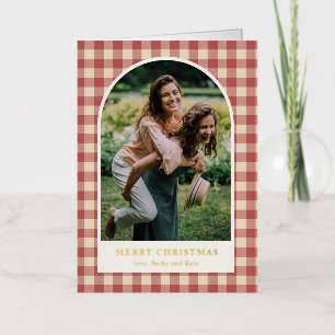 Rustic Red Gingham Arch Photo Modern Christmas Foil Holiday Card