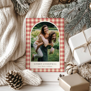 Rustic Red Gingham Arch Photo Modern Christmas Holiday Card