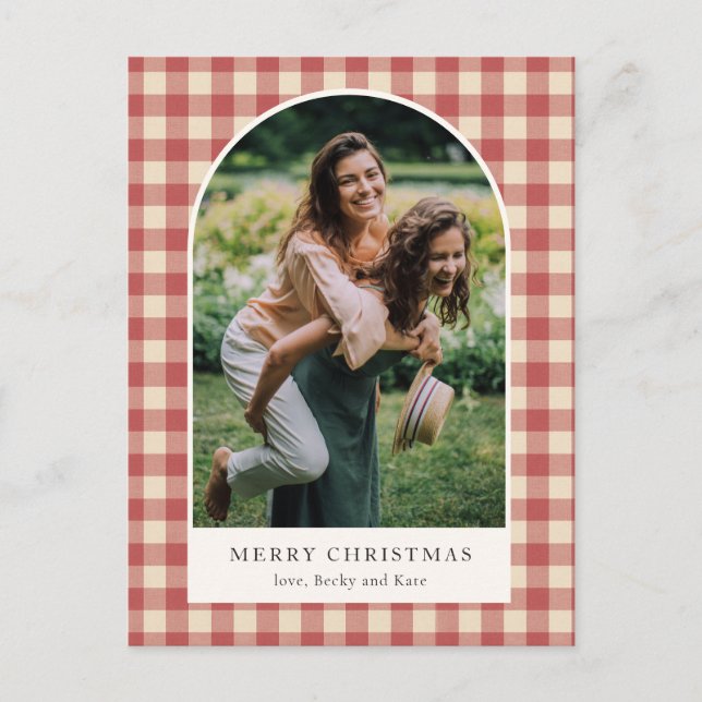 Rustic Red Gingham Arch Photo Modern Christmas Holiday Postcard (Front)