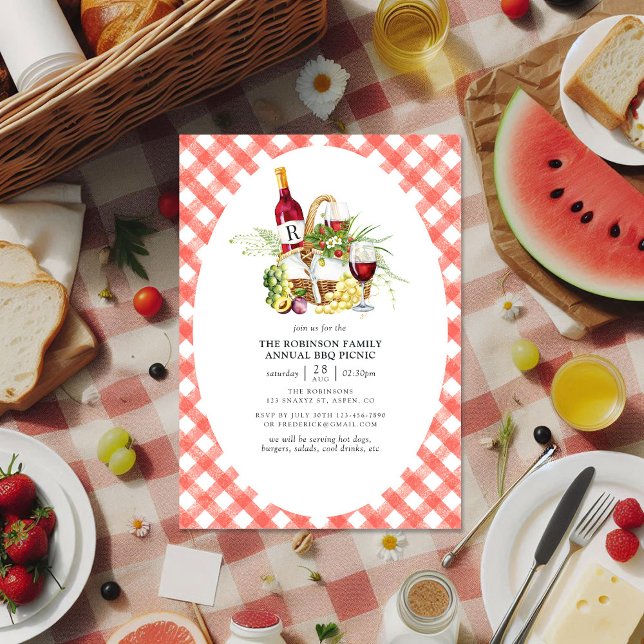 Rustic Red Gingham BBQ Picnic Monogram Invitation (Rustic Red Gingham BBQ Picnic Monogram Invitation)