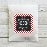 Rustic Red Gingham BBQ Wedding Couples Shower Square Sticker<br><div class="desc">Casual BBQ / barbecue themed couple's wedding shower favor stickers feature a soft black / charcoal frame,  western and modern fonts,  star accents,  and a red summer gingham tablecloth plaid border design.</div>