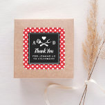 Rustic Red Gingham BBQ Wedding Thank You Square Sticker<br><div class="desc">Wedding thank you favor stickers feature a black and white barbecue themed design with a BBQ fork and spatula grilling utensils and a heart accent. Personalize the custom monogram initials and "Thank you for joining us to celebrate!" message. Includes a red and white gingham tablecloth patterned background. Perfect for a...</div>