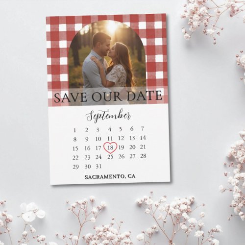 Rustic Red Gingham Engagement Photo Arch Wedding  Save The Date