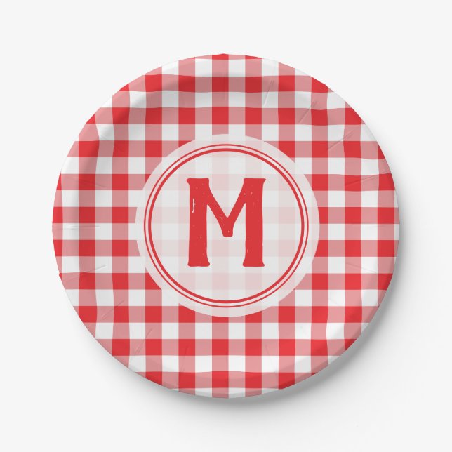 Rustic Red Gingham Family Picnic Monogrammed Paper Plates (Front)