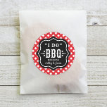 Rustic Red Gingham I Do BBQ Wedding Classic Round Sticker<br><div class="desc">Fun and festive wedding favor stickers featuring the bold "I Do BBQ" featured text inside a decorative black label frame surrounded by a classic red and white gingham border. Perfect as favor bag seals or envelope stickers for a casual backyard barbecue wedding celebration. Customize with the couple's names to add...</div>