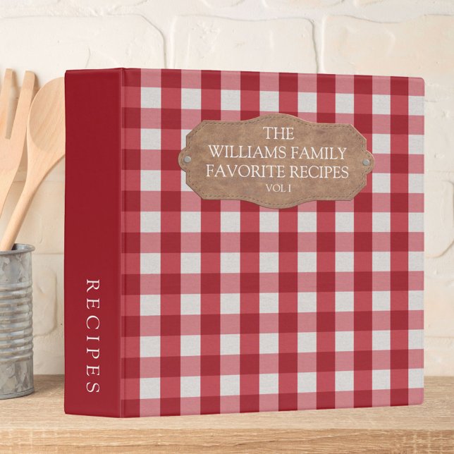 Rustic Red Gingham Linen Farmhouse Family Recipe 3 Ring Binder (In situ)