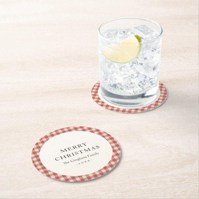 Rustic Red Gingham Modern Christmas Round Paper Coaster (Insitu)