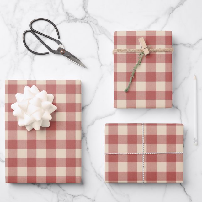 Rustic Red Gingham Modern Christmas Wrapping Paper Sheets (Front)