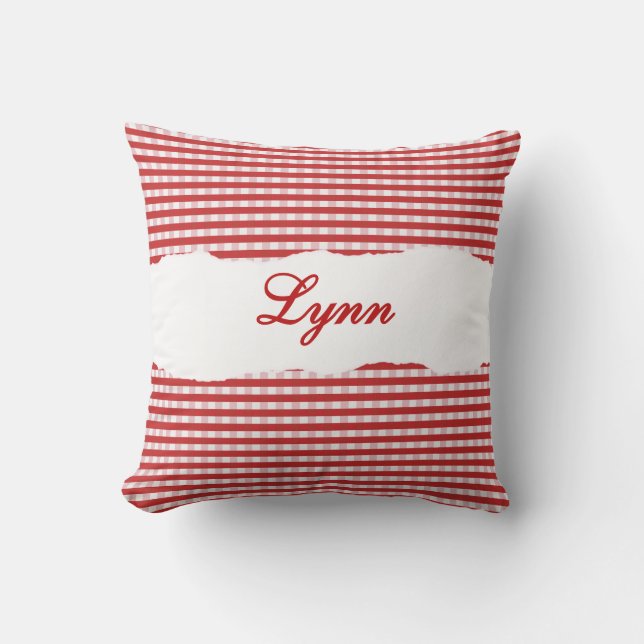 Rustic Red Gingham Personalized Name Throw Pillow (Front)