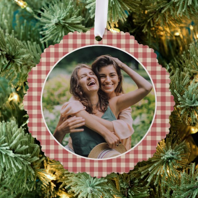 Rustic Red Gingham Photo Modern Christmas Ornament Card (Insitu (Tree))