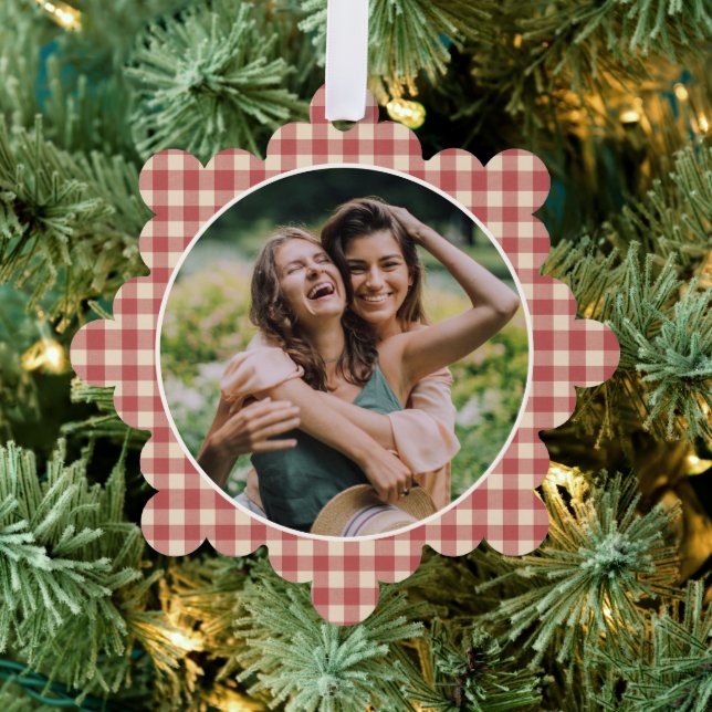 Rustic Red Gingham Photo Modern Christmas Ornament Card (Insitu (Tree))