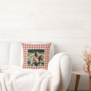 Rustic Red Gingham Photo Modern Christmas Throw Pillow
