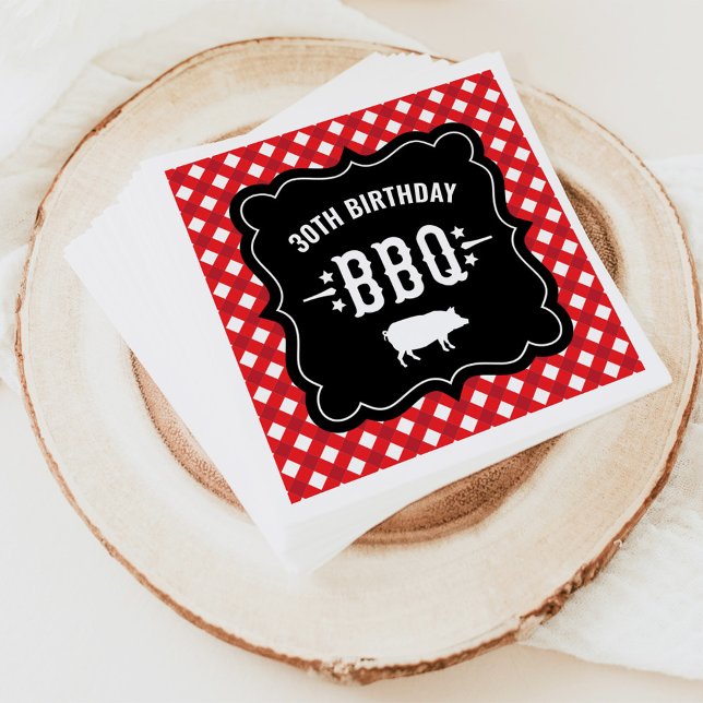 Rustic Red Gingham Plaid 30th Birthday BBQ Paper Napkins (Creator Uploaded)