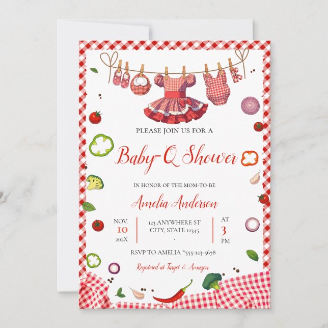 Rustic Red Gingham Plaid BBQ Baby Shower Invitation (Front)