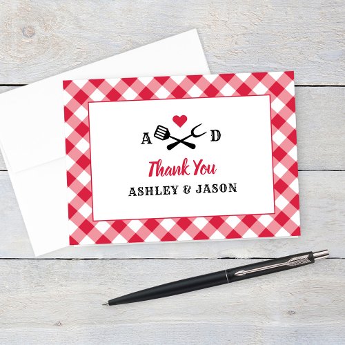 Rustic Red Gingham Plaid BBQ Wedding Monogram Thank You Card