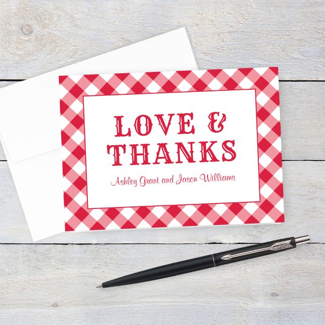 Rustic Red Gingham Plaid Wedding Monogram Letterpress Thank You Card (Creator Uploaded)