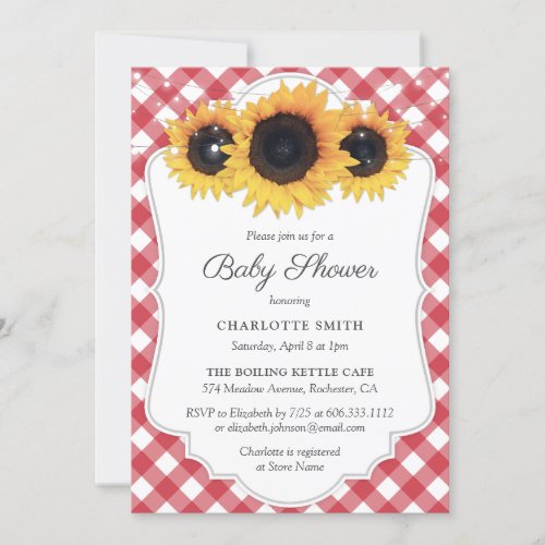 Rustic Red Gingham Sunflower Baby Shower Invitation