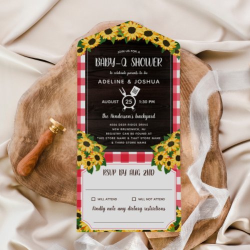Rustic Red Gingham Sunflowers Baby_Q Shower All In All In One Invitation