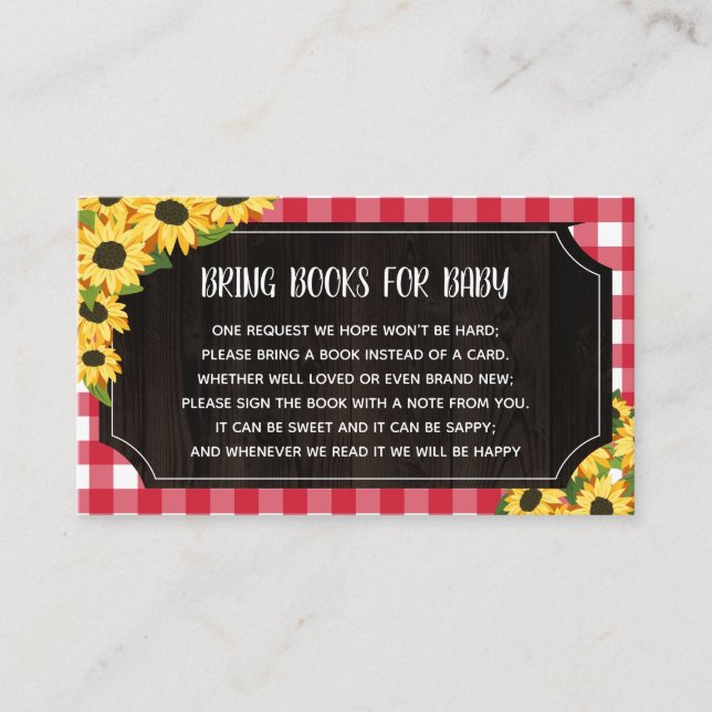 Rustic Red Gingham & Sunflowers Books For Baby Enclosure Card (Front)