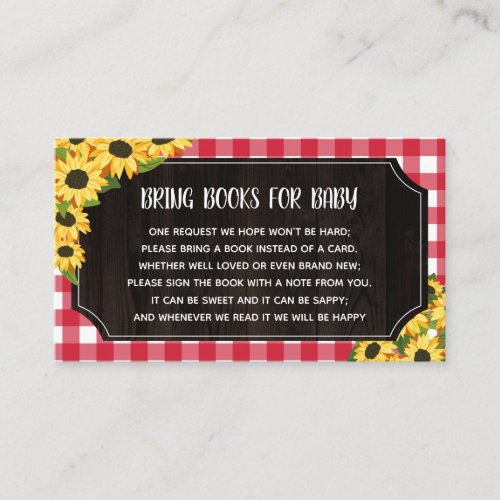 Rustic Red Gingham  Sunflowers Books For Baby Enclosure Card