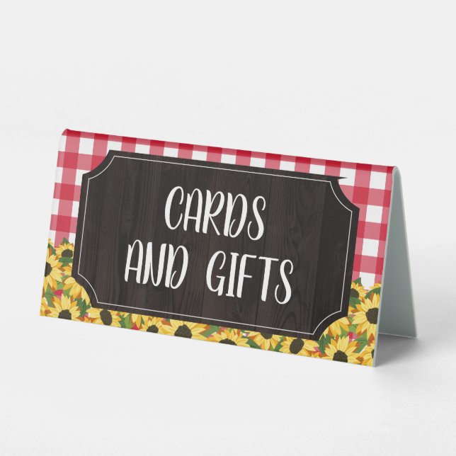 Rustic Red Gingham & Sunflowers Cards & Gifts Table Tent (Front)
