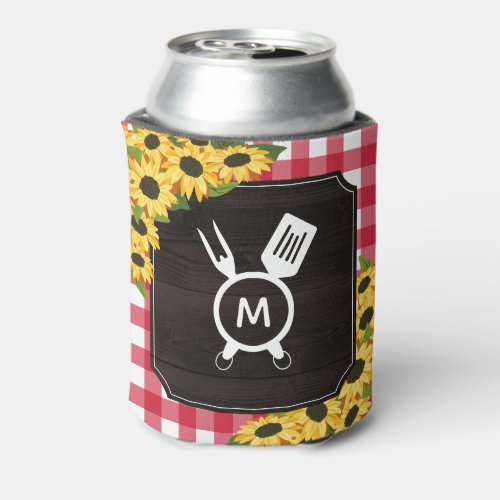Rustic Red Gingham Sunflowers Monogram  Can Cooler