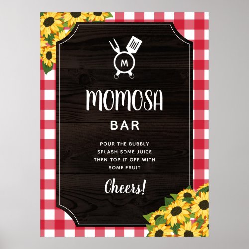 Rustic Red Gingham Sunflowers Monogram Momosa Bar Poster