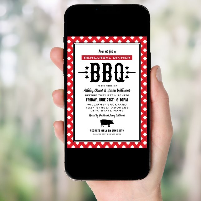 Rustic Red Gingham Wedding Rehearsal Dinner BBQ Invitation (Front Digital)