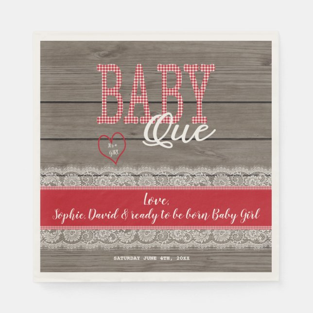 Rustic Red Gingham Wood Boy Baby Shower BBQ Paper Napkins (Front)