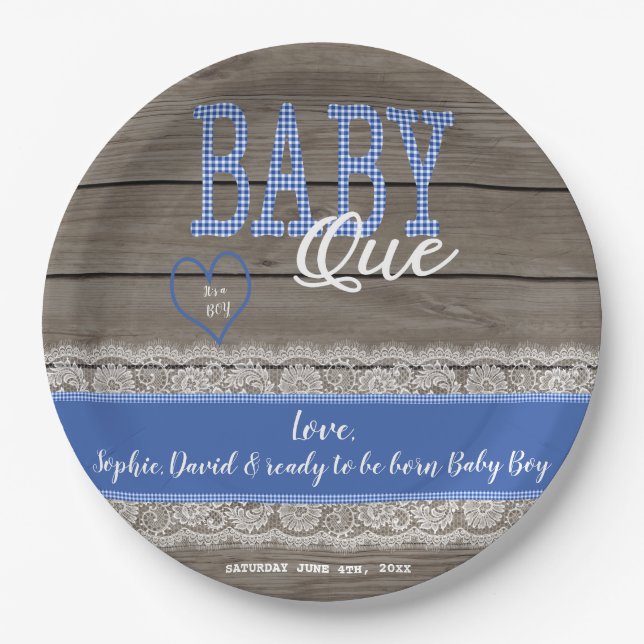 Rustic Red Gingham Wood Boy Baby Shower BBQ Paper Plates (Front)