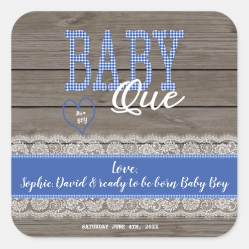Rustic Red Gingham Wood Boy Baby Shower BBQ Square Sticker