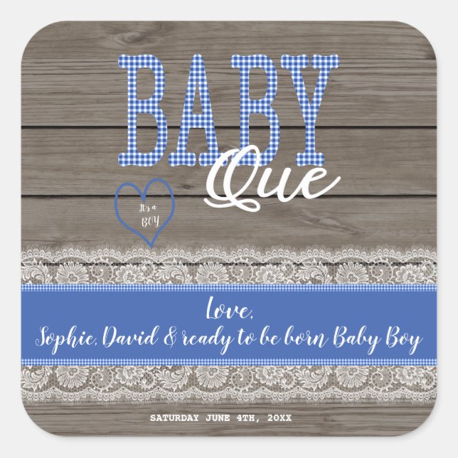 Rustic Red Gingham Wood Boy Baby Shower BBQ Square Sticker (Front)