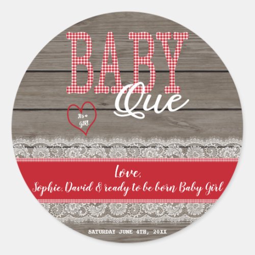 Rustic Red Gingham Wood Girl Baby Shower BBQ Classic Round Sticker