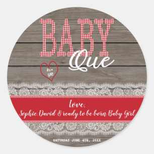 Rustic Red Gingham Wood Girl Baby Shower BBQ Classic Round Sticker