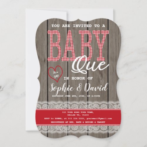 Rustic Red Gingham Wood Girl Baby Shower BBQ Invitation