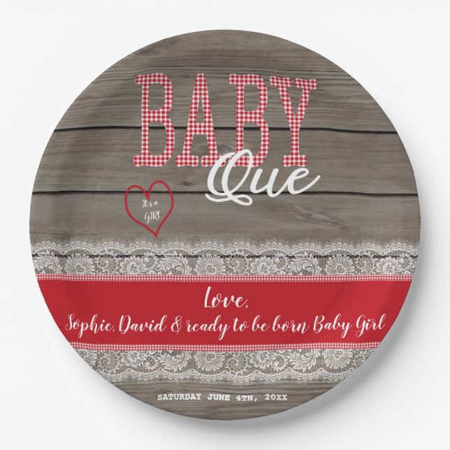 Rustic Red Gingham Wood Girl Baby Shower BBQ Paper Plates (Front)