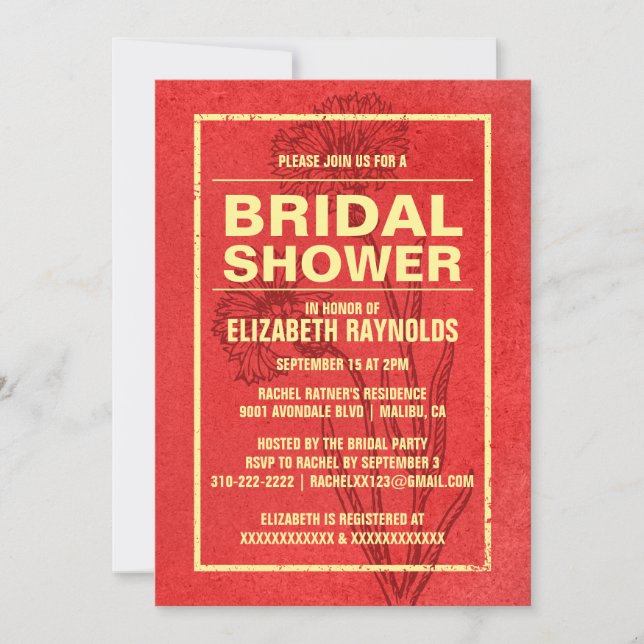Rustic Red & Gold Bridal Shower Invitations (Front)