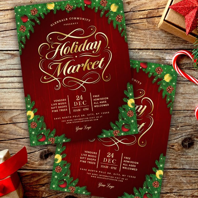 Rustic Red & Gold Christmas Holiday Market Event Flyer (Creator Uploaded)