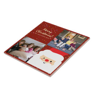 Rustic Red & Gold Christmas Santa and Family Photo Ceramic Tile