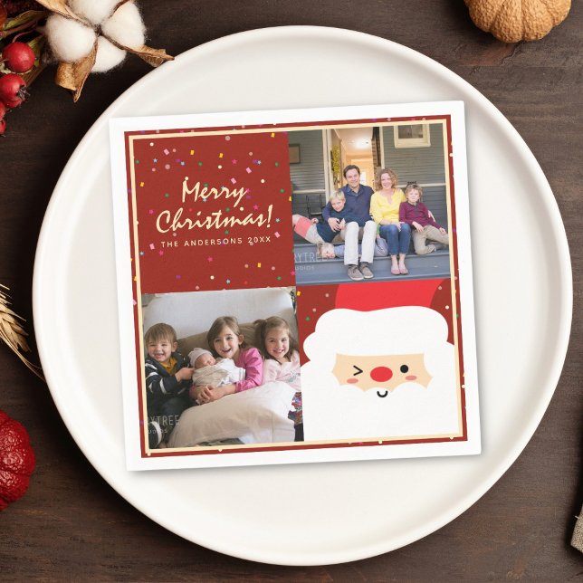 Rustic Red & Gold Christmas Santa and Family Photo Napkins (Creator Uploaded)