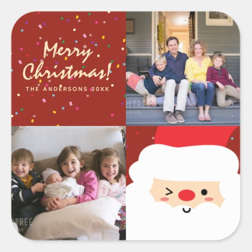 Rustic Red  Gold Christmas Santa and Family Photo Square Sticker