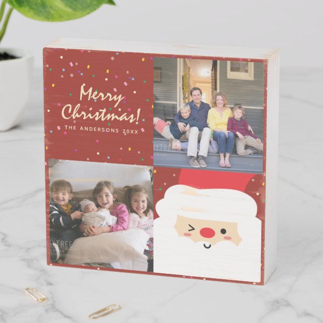 Rustic Red & Gold Christmas Santa and Family Photo Wooden Box Sign (In Situ Horizontal)